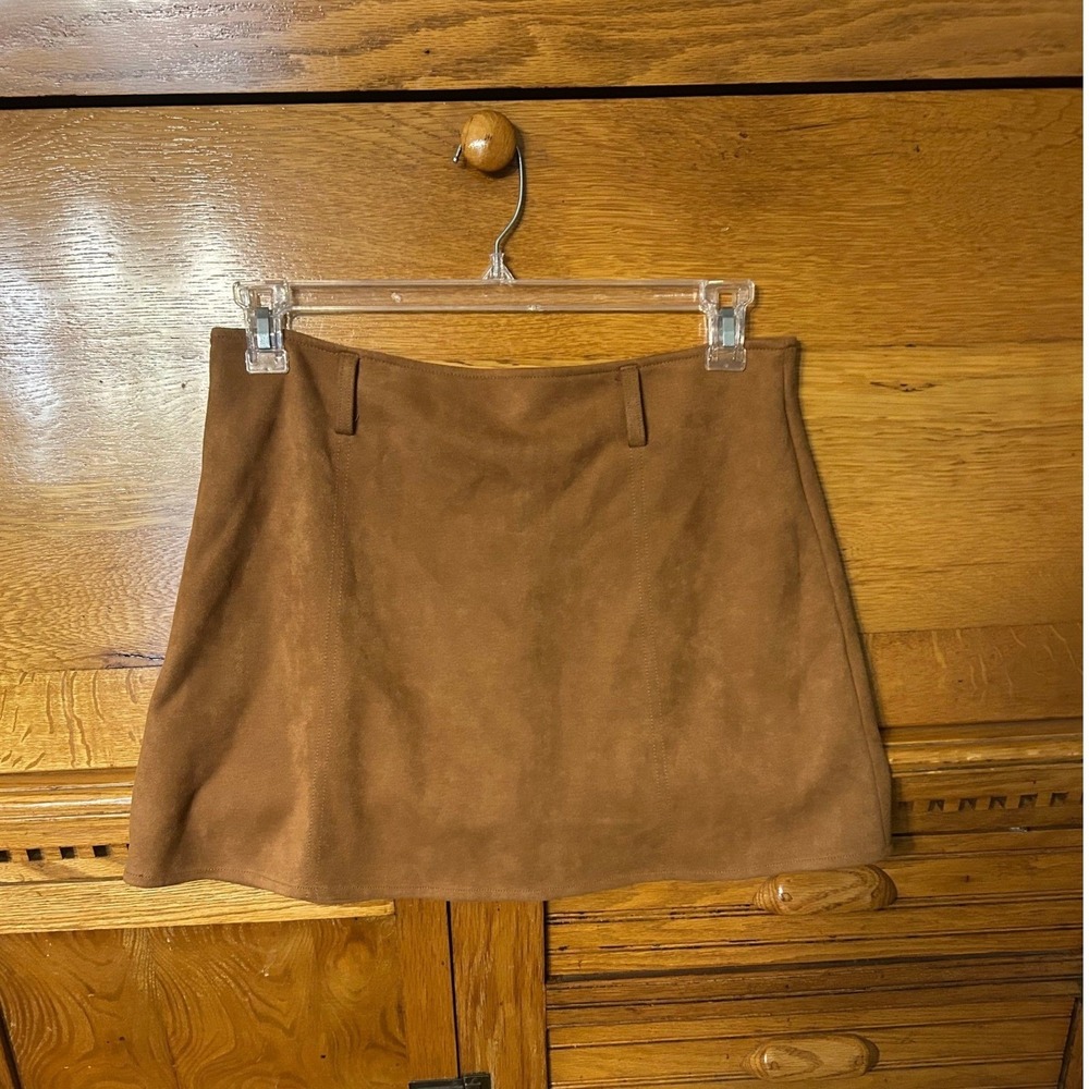 70s Retro Gothic Tan Brown Faux Suede‎ A-Line Mini Skirt Zipper Back Cowboy Boho